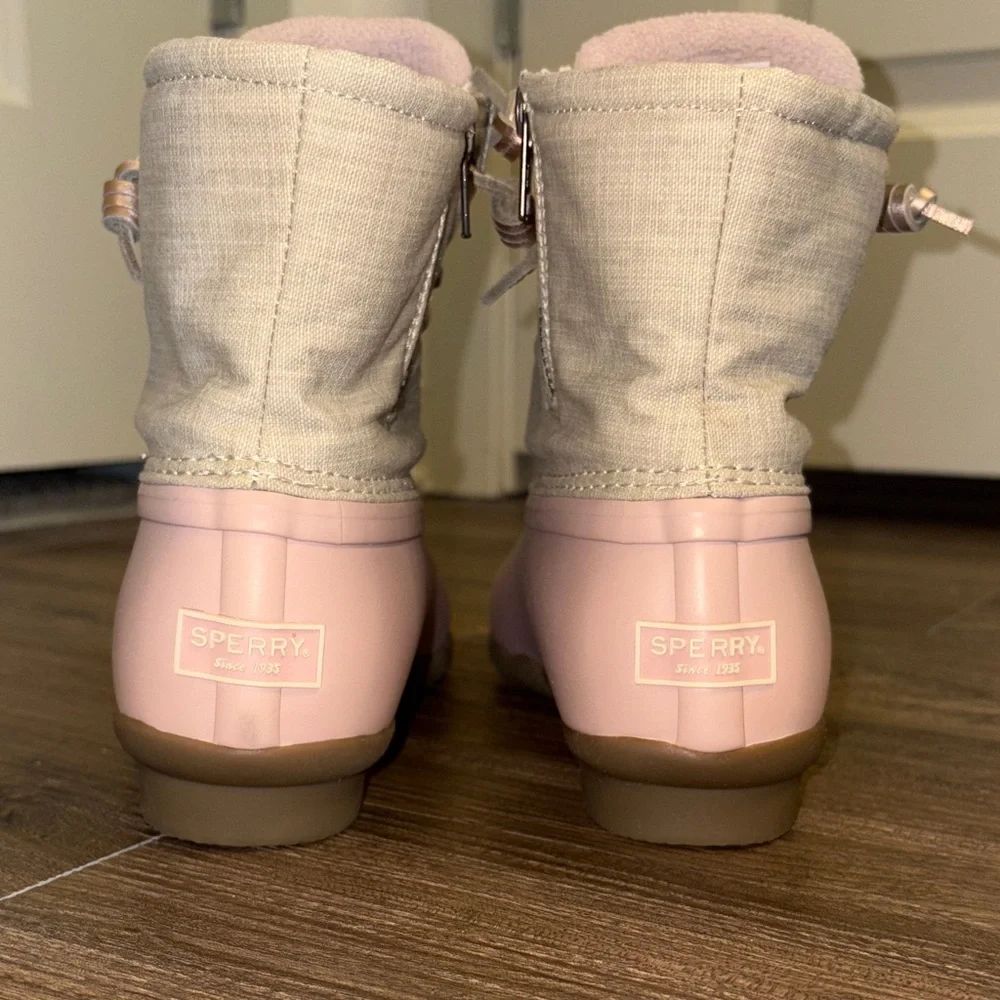 Sperry Women's Saltwater canvas pink and oat Duck Boots - Picture 3 of 8